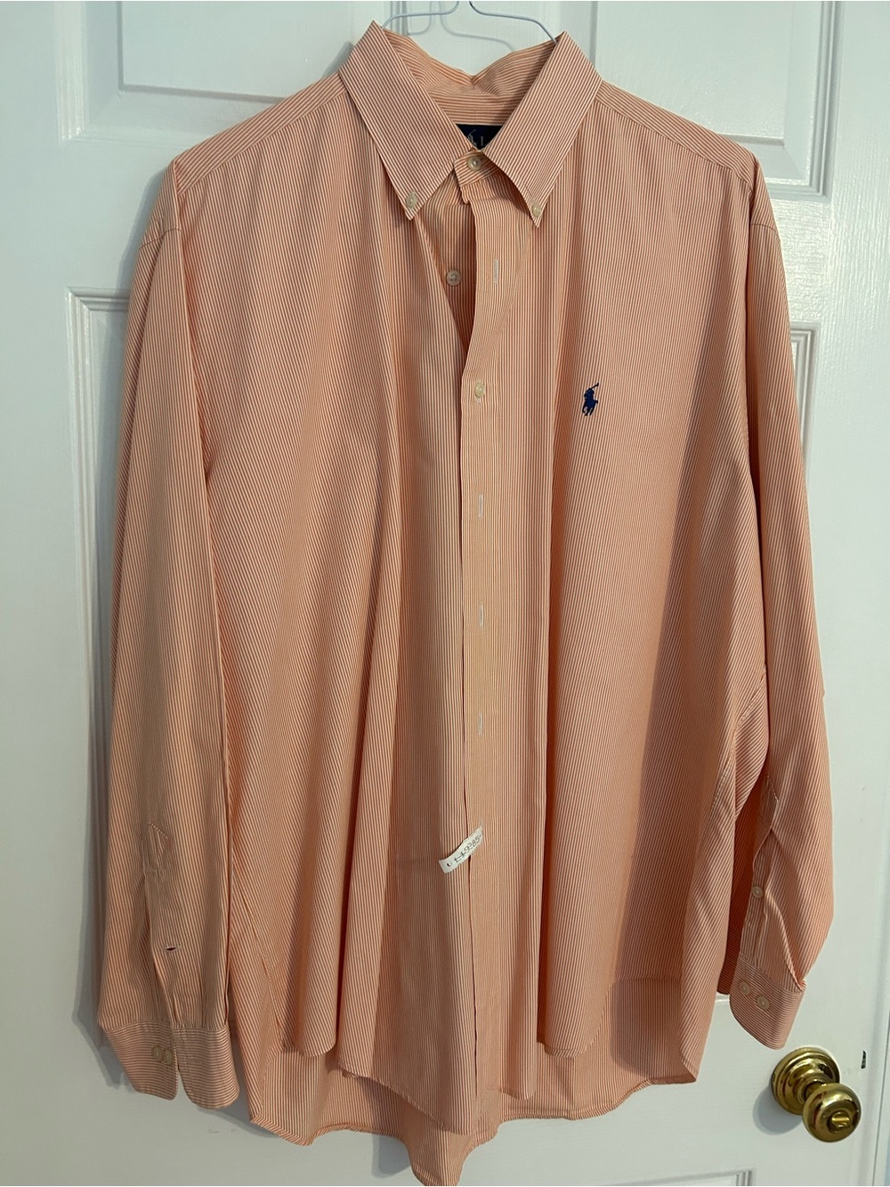 Ralph Lauren Men's Peach & White Striped Button-Front Dress Shirt with Navy Logo